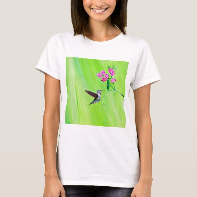 Camiseta Pintura de aves e ervilhas doces (Frente)