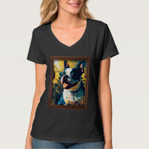 Camiseta Pintura de Boston Terrier Girassol Flor Mãe Mulher