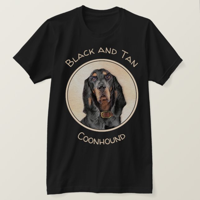 Camiseta Pintura de Coonhound Preto e Cão - Arte Original (Frente do Design)