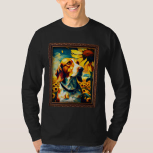 Camiseta Pintura de Foxhound Inglês Girassol Flor Mamãe Mul