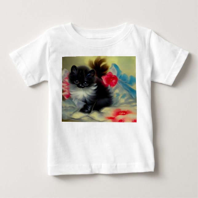 Camiseta Pintura de Gatinho Preto e Branco Vintage (Frente)