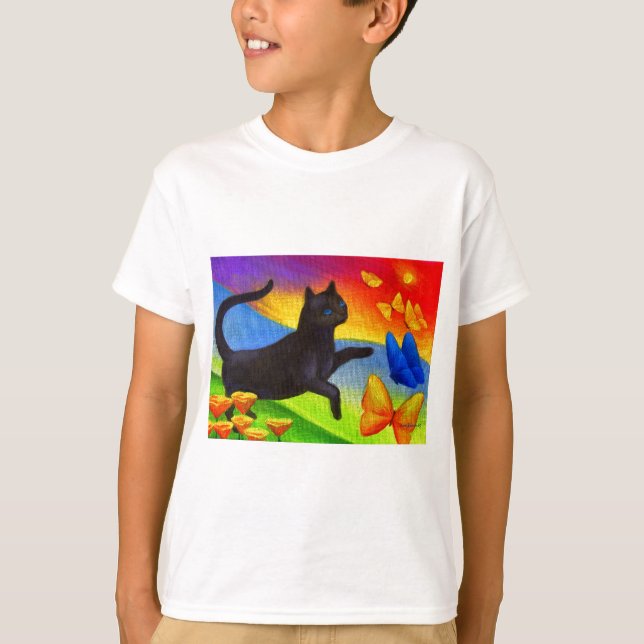 Camiseta Pintura de Gato Negro Borboletas Arte - Múltiplas (Frente)