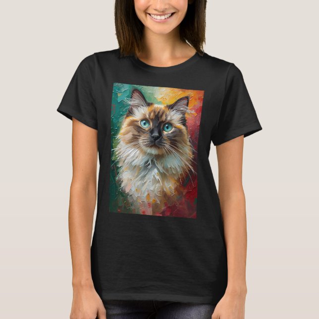 Camiseta Pintura De Óleo Vibrante De Gato De Gato Artístico (Frente)