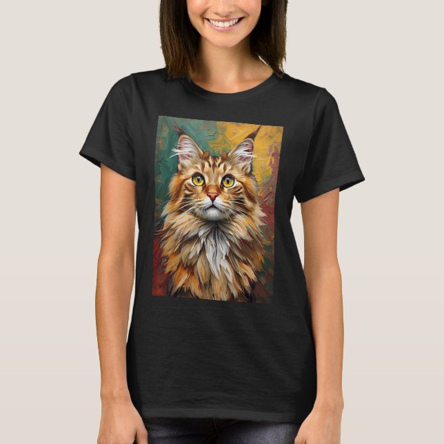 Camiseta Pintura De Óleo Vibrante De Retrato De Gato De Mai (Frente)