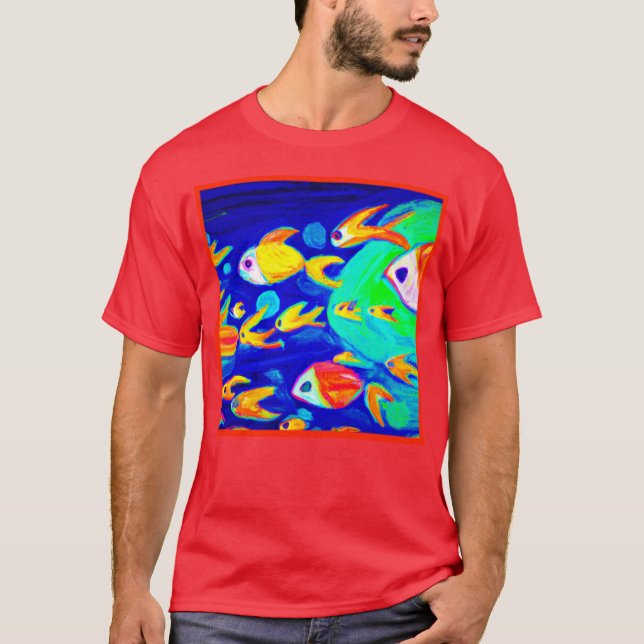 Camiseta Pintura De Padrões De Peixes Coloridos Brilhantes. (Frente)
