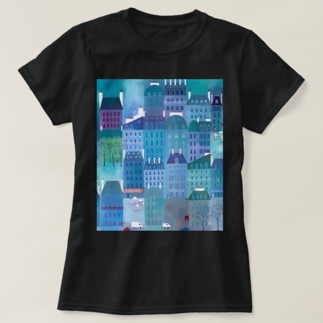 Camiseta Pintura de paisagem urbana moderna do Blues de Par (Frente do Design)