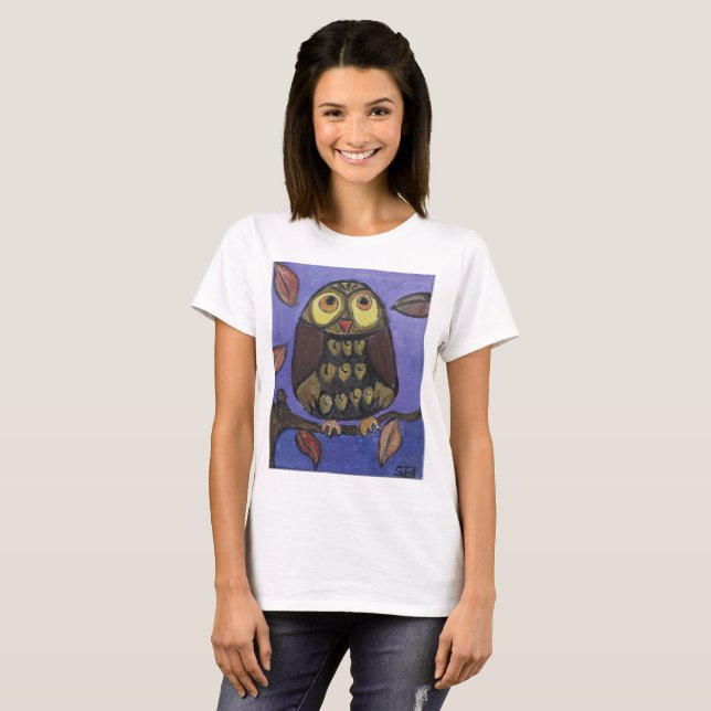 Camiseta Pintura de Pássaro de Coruja Folk (Frente Completa)
