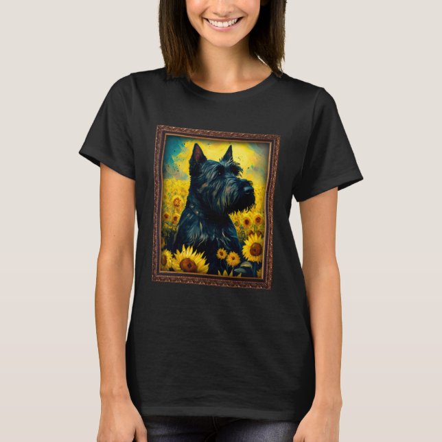 Camiseta Pintura de Terrier Escocês Flor de Girassol Mãe Mu (Frente)