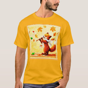 Camiseta Pintura De Uma Feliz Raposa Vermelha Cantando. Com
