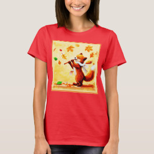 Camiseta Pintura De Uma Feliz Raposa Vermelha Cantando. Com
