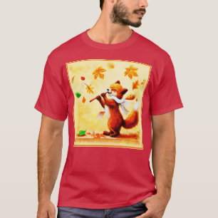 Camiseta Pintura De Uma Feliz Raposa Vermelha Cantando. Com