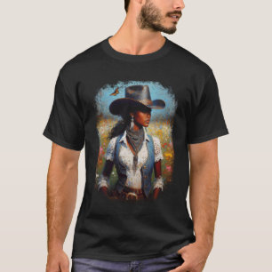 Camiseta Pintura de Vaqueira Negra Arte Ocidental Rodeio Me