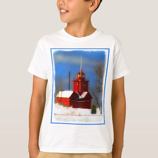 Camiseta Pintura do Farol Vermelho Grande - Arte Original (Frente)