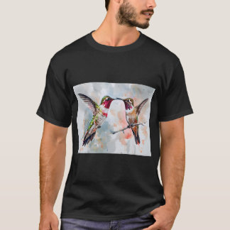 Camiseta Pintura em Aquarela de Dois Beija-flores em Movime