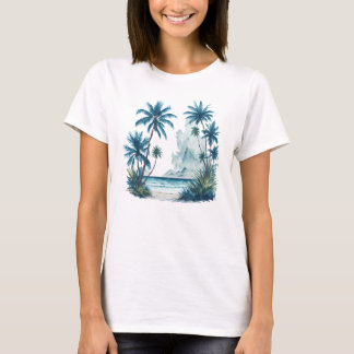 Camiseta Pintura em aquarela de uma praia com palmeiras