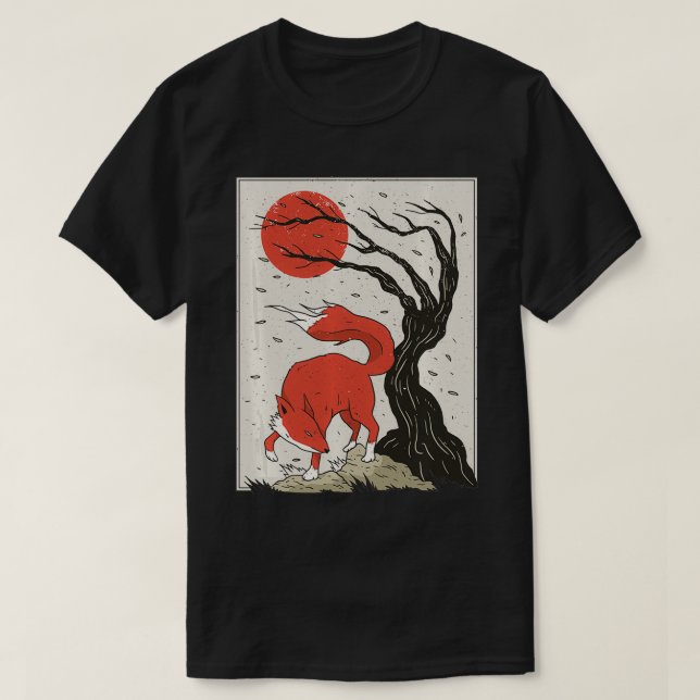 Camiseta Pintura em estilo japonês do Fo, árvore e sol Pu (Frente do Design)