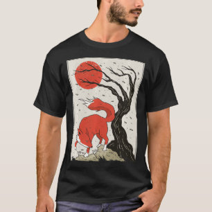 Camiseta Pintura em estilo japonês do Fo, árvore e sol Pu