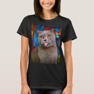 Camiseta Pintura em Retrato de Gato Curto Britânico de Cinz