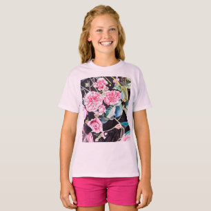 Camiseta Pintura Floral de Flores de Aquarela Rosa