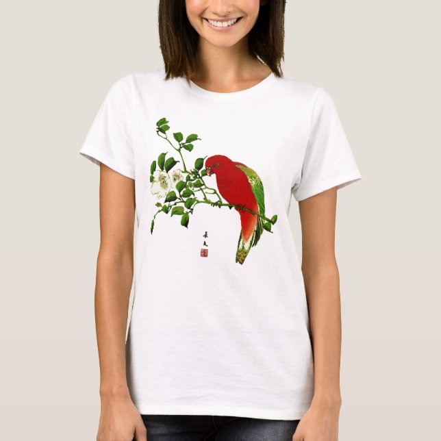 Camiseta Pintura japonesa de papagaio, vermelho e verde (Frente)