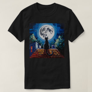 Camiseta Pintura Noite de Lua Cheia com Gato Preto