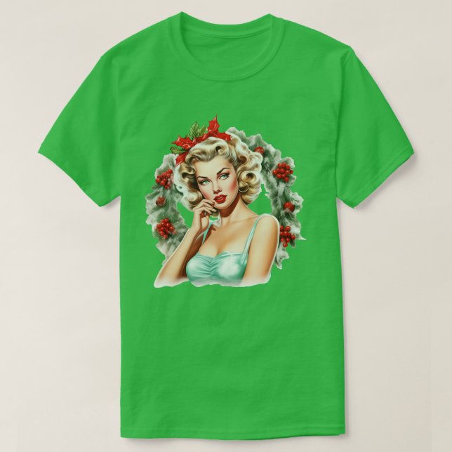 Camiseta Pinup natais vintages Wreath Blone (Frente do Design)