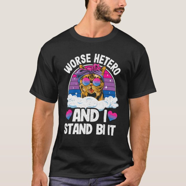 Camiseta Pior Hetero E Eu Ficamos Com Gato Bandeira Bissexu (Frente)