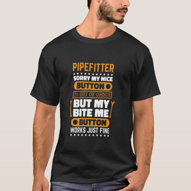 Camiseta Pipefitter Bite-Me Botão Trabalhar Tecnico (Frente)