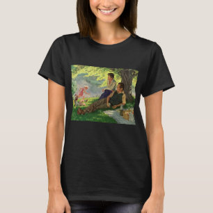 Camiseta Piquenique Divertido de Família Antiga sob uma Árv