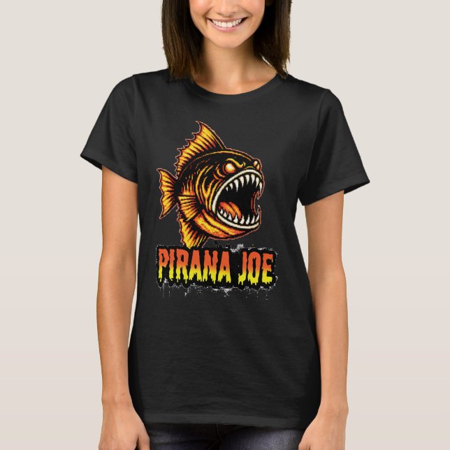 Camiseta Pirana Joe â€“ Design de Peixe Monstro Pixel Retro (Frente)