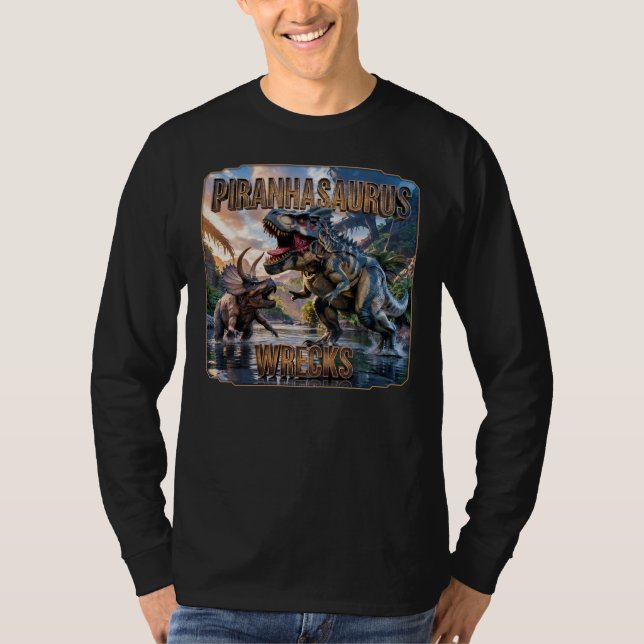 Camiseta Piranhasaurus Destrói Fotográfico – Divertido Assu (Frente)