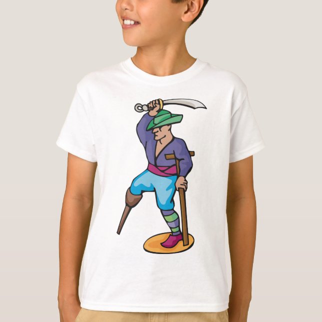 Camiseta Pirata com Perna de Pau e Espada (Frente)