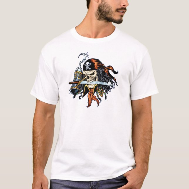 Camiseta Pirata do crânio com espada e gancho pelo Al Rio (Frente)