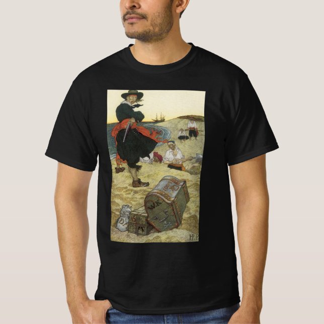 Camiseta Piratas Antigos, William Kidd Enterrando Tesouro (Frente)