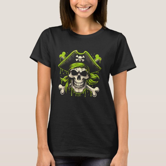 Camiseta Pirate Skull Calico Jack Jolly Roger Bones Green G (Frente)
