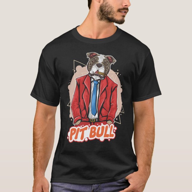 Camiseta Pit Bull Dog Com Cigarro E Trabalho de arte De Fat (Frente)