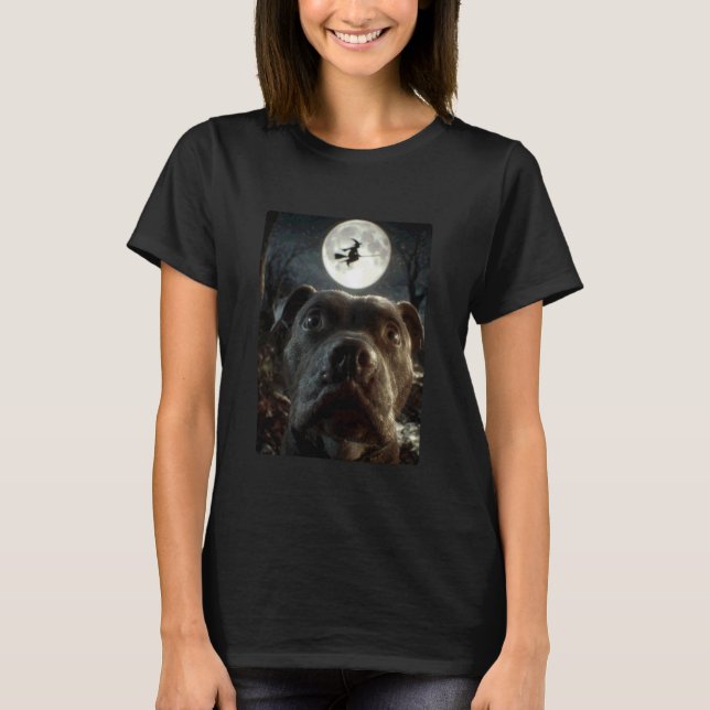 Camiseta Pit Bull Engraçado Engraçado Selfie Lua Cheia Brux (Frente)
