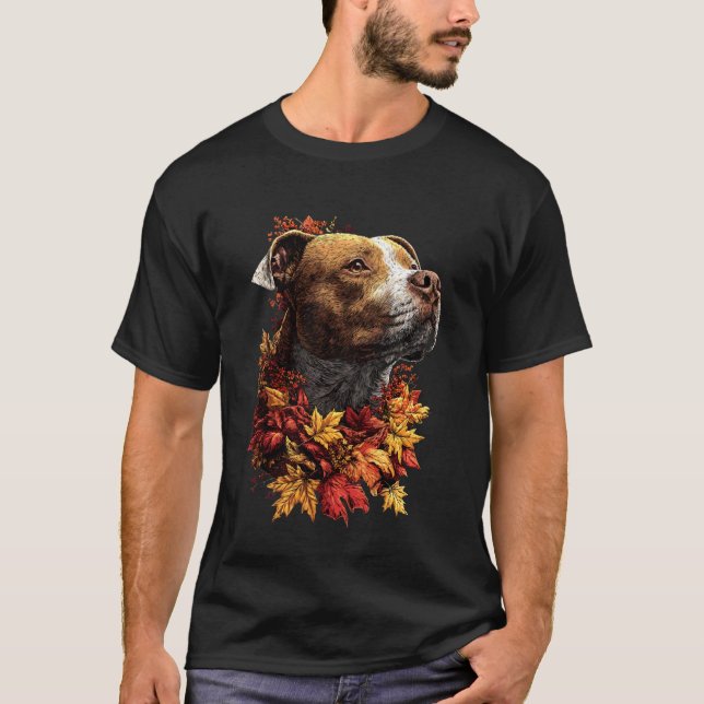 Camiseta Pit Bull Fofo com Floresta de Folhas de Outono Est (Frente)