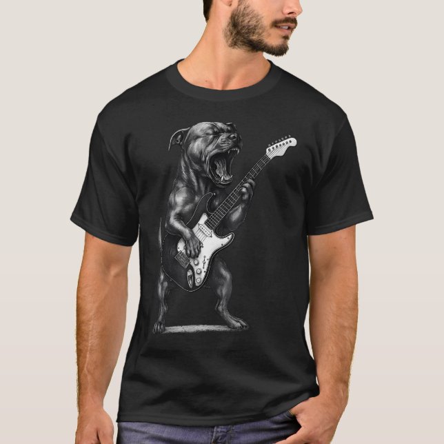 Camiseta Pit Bull Tocando Violão Música Rock Cachorro (Frente)