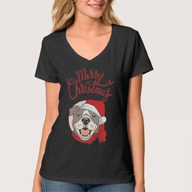 Camiseta Pitbull Bonito Com Fita Vermelha E Feliz Santa Hat (Frente)