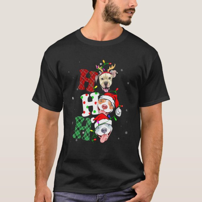 Camiseta Pitbull Cachorro Ho Ho Ho Natal Fun Xmas (Frente)