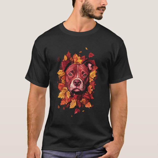 Camiseta Pitbull da Moda Folhas de Outono Caem Cachorro Mãe (Frente)