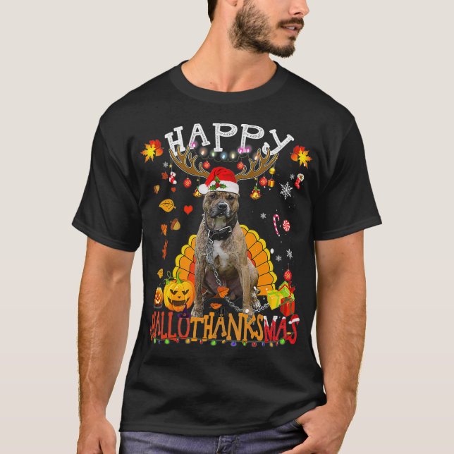 Camiseta Pitbull Dog Feliz Hallothanksmas Halloween Xmas (Frente)