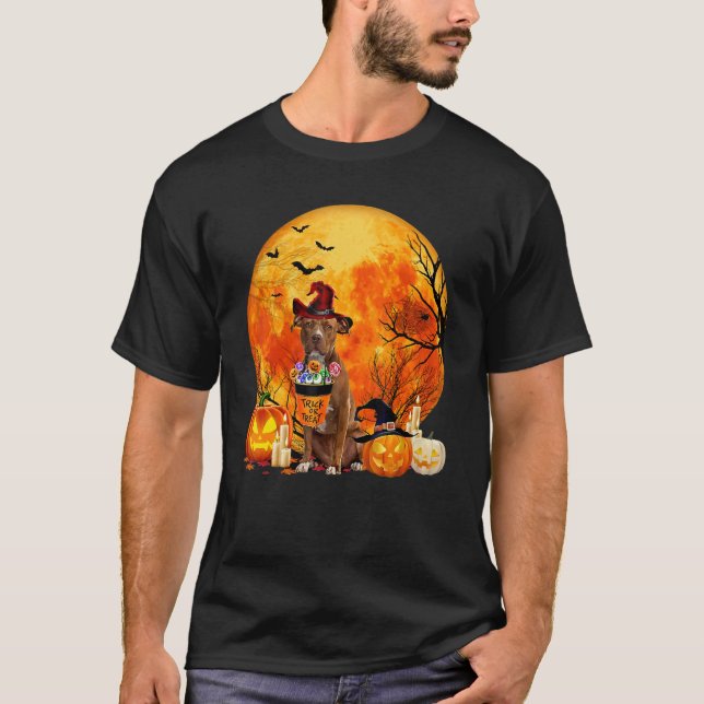 Camiseta Pitbull Dog Witch Pumpkin Halloween Costume (Frente)