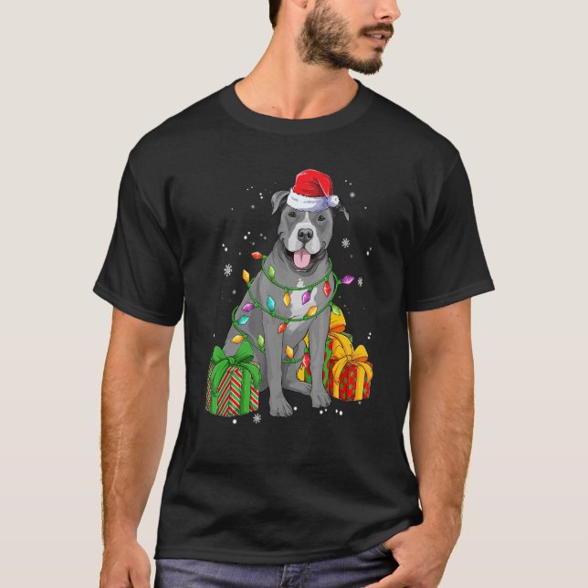 Camiseta Pitbull fofo com chapéu de Papai Noel Feliz Pitmas (Frente)