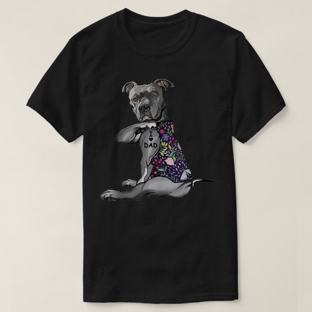 Camiseta Pitbull I Love Dad Funny Pitbull Tattooed  (Frente do Design)