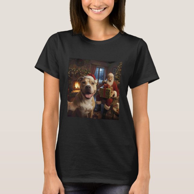 Camiseta Pitbull Moderno Selfie com Papai Noel Engraçado Ch (Frente)