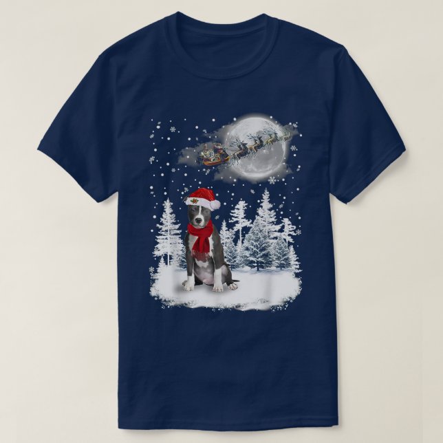 Camiseta Pitbull Na Lua De Natal Da Neve Iluminando O Chapé (Frente do Design)
