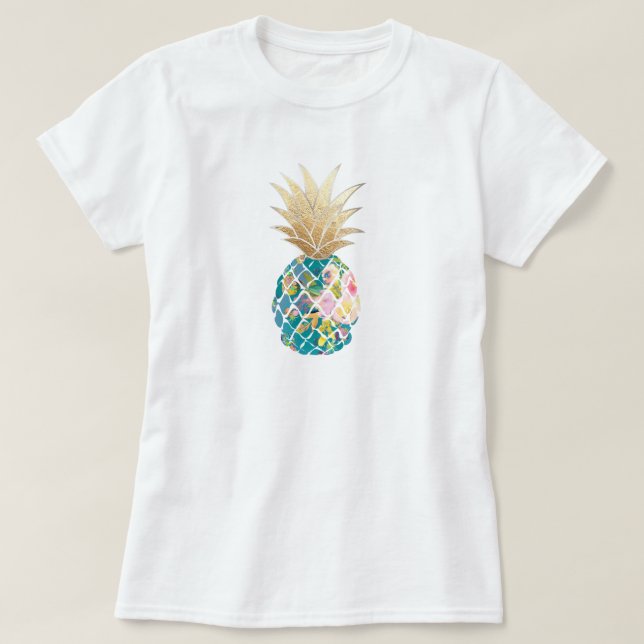 Camiseta PixDezines Hawai, Aloha Teal Pineapple/Faux Dourad (Frente do Design)