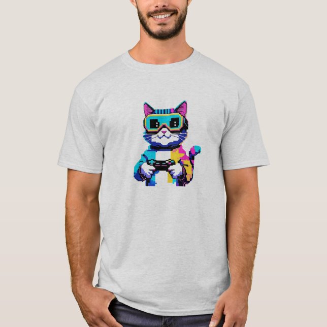 Camiseta Pixel Art Cat Gamer (Frente)